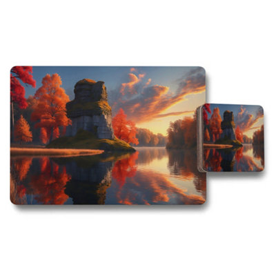 B&Q -  Autumn Landscape Placemat And Coaster Set With Sunset Lake View