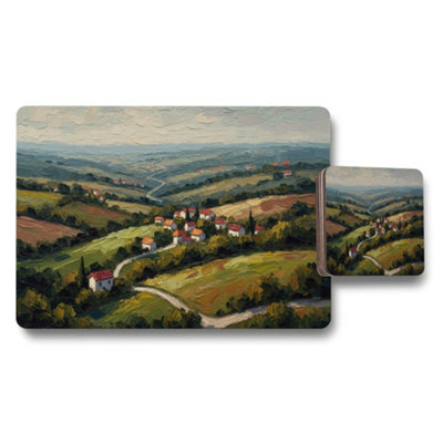 B&Q -  Scenic Landscape Placemats And Coasters Set With Village Hills Scene