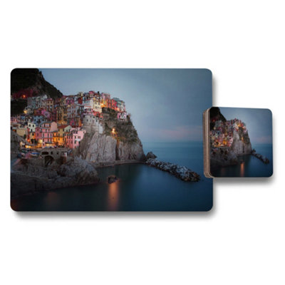 B&Q -  Cinque Terre Coastal Placemat And Coaster Set With Colorful Village