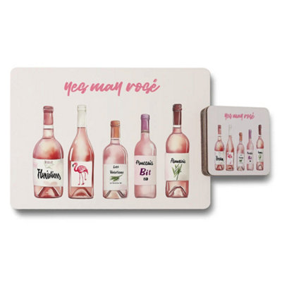 B&Q -  Wine Bottle Themed Placemat And Coaster Set With Pink Rosé Artwork