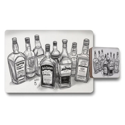 B&Q -  Whiskey Bottle Sketch Placemats And Coaster Set For Kitchen Decor