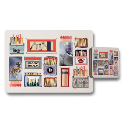 B&Q -  Vintage Style Collage Placemat And Coaster Set With Colorful Illustrations