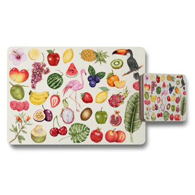 B&Q -  Fruit Themed Placemat And Coaster Set With Colorful Tropical Fruits