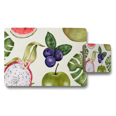 Benjamin Tate Design Fruit Pattern Placemat And Coaster Set With Dragon Fruit And Blueberries from B&Q