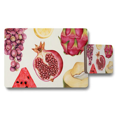 Benjamin Tate Design Fruit Print Placemat And Coaster Set Grapes Pomegranate Watermelon from B&Q