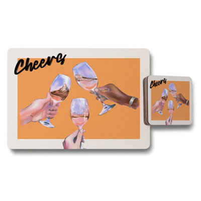 B&Q -  Cheers Placemats And Coaster Set With Wine Glass Celebration Design