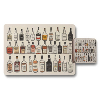 B&Q -  Liquor Bottle Placemats And Coaster Set With Illustrations