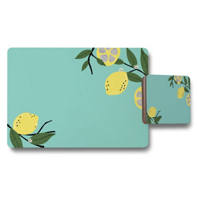 Benjamin Tate Design Lemon Themed Placemat And Coaster Set Turquoise Background from B&Q