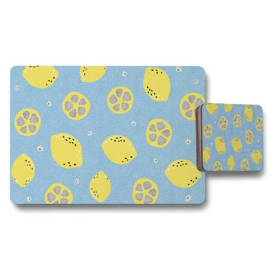 B&Q -  Lemon Pattern Placemat And Coaster Set In Blue Background