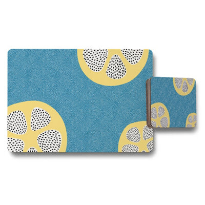 B&Q -  Blue Lemon Slice Placemat And Coaster Set With Yellow Accents