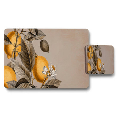 B&Q -  Lemon Botanical Placemat And Coaster Set With Beige Background