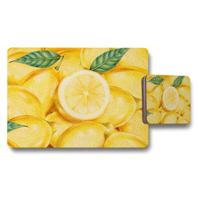B&Q -  Lemon Themed Placemat And Coaster Set With Fresh Lemon Slice Design