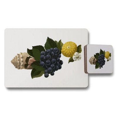 B&Q -  Fruit Themed Placemat And Coaster Set With Grapes And Floral Accent