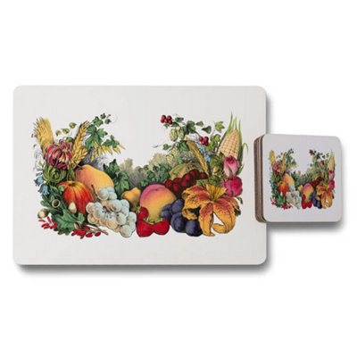 B&Q -  Fruit And Vegetable Themed Placemat And Coaster Set With Colorful Illustration