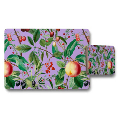 B&Q -  Fruit Pattern Placemat And Coaster Set In Purple Background