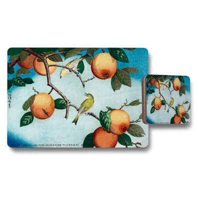 B&Q -  Orange Fruit Tree Placemat And Coaster Set With Bird Artwork