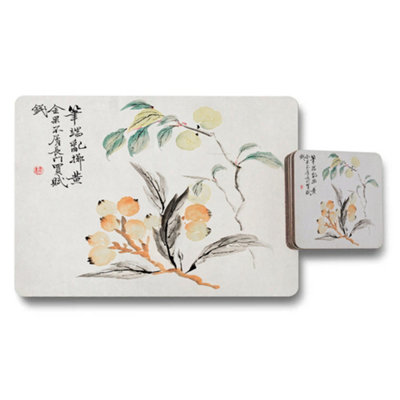 Benjamin Tate Design Traditional Asian Placemat And Coaster Set With Floral Brush Painting from B&Q