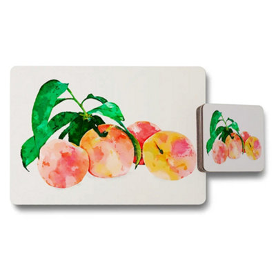 B&Q -  Watercolor Peach Placemats And Coaster Set With Fruit Artwork