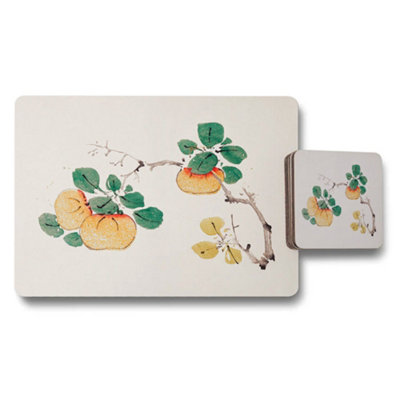 Benjamin Tate Design Persimmon Branch Placemat And Coaster Set With Green Leaves from B&Q