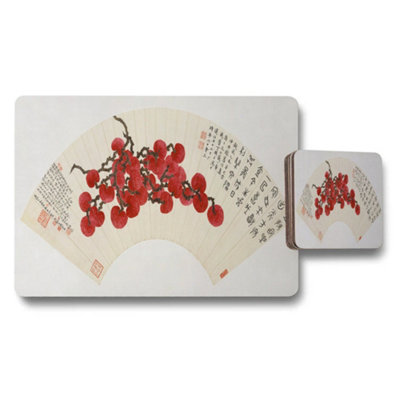 B&Q -  Traditional Chinese Fan Shaped Placemats And Coaster Set With Red Berries