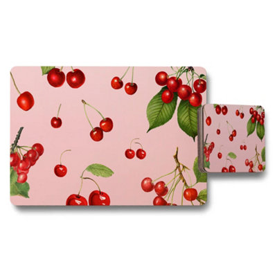 B&Q -  Cherry Pattern Placemat And Coaster Set On Pink Background