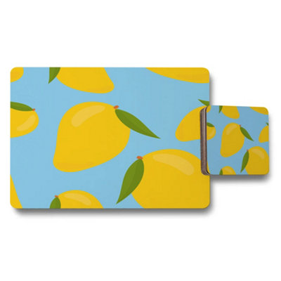 B&Q -  Lemon Pattern Placemat And Coaster Set Bright Yellow Lemons On Blue
