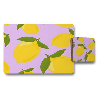 Benjamin Tate Design Lemon Pattern Placemat And Coaster Set On Lavender Background from B&Q