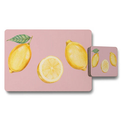 B&Q -  Lemon Placemats And Coaster Set With Yellow Lemons On Pink Background