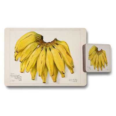 B&Q -  Banana Botanical Placemat And Coaster Set Vintage Fruit Illustration