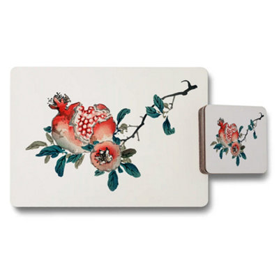 B&Q -  Floral Pomegranate Placemats And Coaster Set For Dinner Table Decor