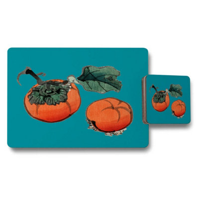 B&Q -  Persimmon Fruit Placemat Coaster Set Teal Background