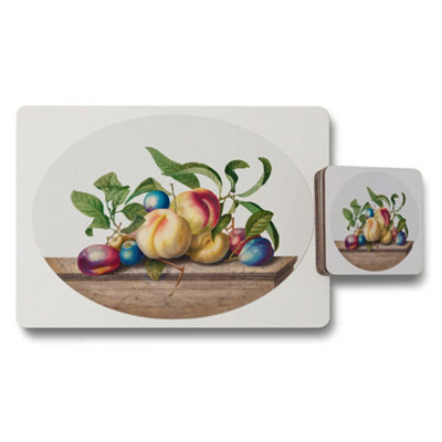 Benjamin Tate Design Fruit Still Life Placemat And Coaster Set With Peach And Plum Design from B&Q