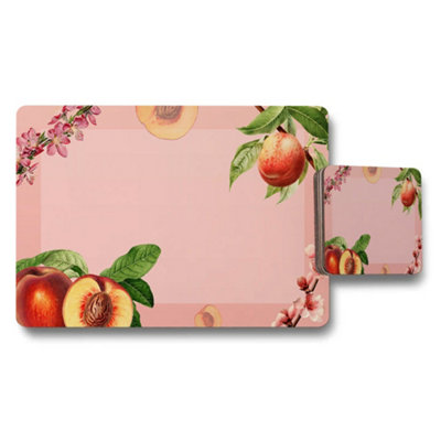 Benjamin Tate Design Peach Floral Placemat And Coaster Set Pink Background from B&Q