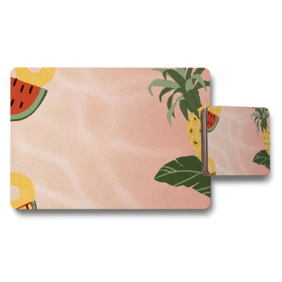 B&Q -  Tropical Fruit Pattern Placemat And Coaster Set With Palm Leaves