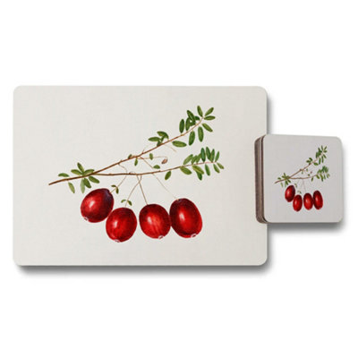 B&Q -  Berry Botanical Placemat And Coaster Set With Red Berries Design