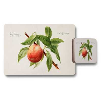 B&Q -  Peach Botanical Placemat Coaster Set With Vintage Fruit Illustration