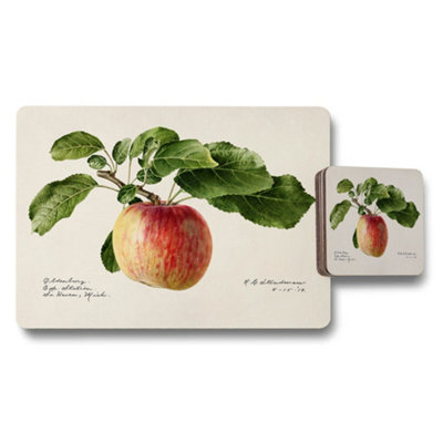 B&Q -  Apple Botanical Placemats And Coaster Set With Vintage Illustration