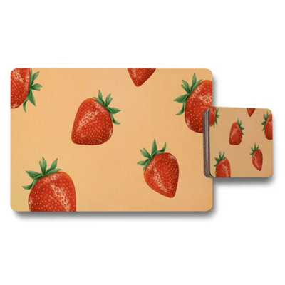 B&Q -  Strawberry Pattern Placemat And Coaster Set With Peach Background