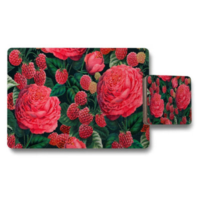 Benjamin Tate Design Raspberry And Rose Floral Placemat And Coaster Set Pattern from B&Q