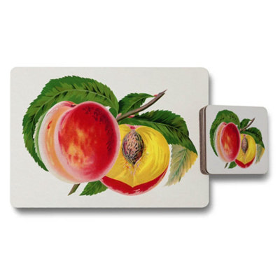 B&Q -  Peach Illustration Placemats And Coasters Set With Green Leaves