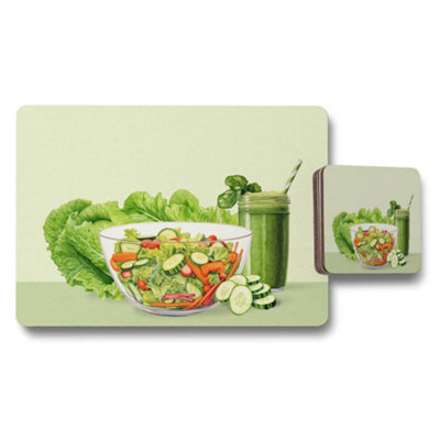 B&Q -  Green Salad Theme Placemat And Coaster Set For Dining Table Decor