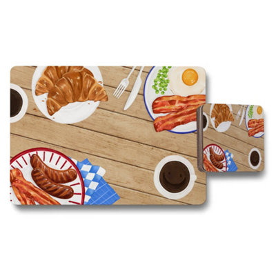B&Q -  Breakfast Placemats And Coaster Set With Croissants Bacon Eggs Coffee