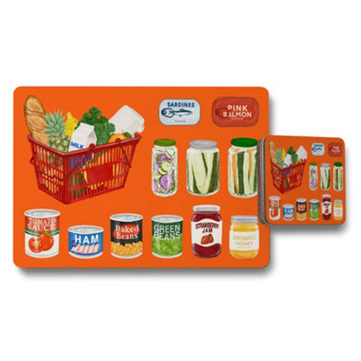 B&Q -  Placemat And Coaster Set Grocery Themed Kitchen Decor On Orange Background