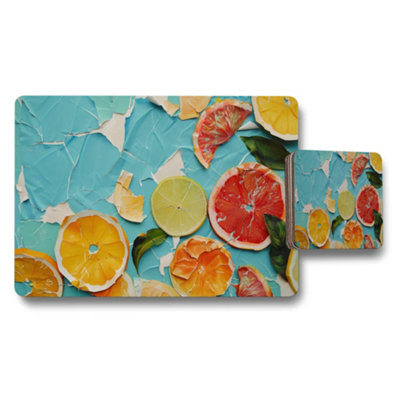 Benjamin Tate Design Citrus Slices Placemat And Coaster Set With Bright Turquoise Backdrop from B&Q