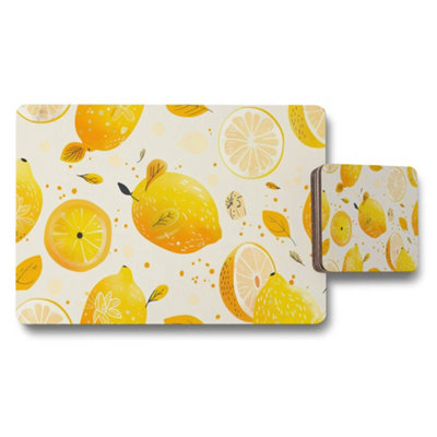 B&Q -  Lemon Pattern Placemat And Coaster Set With Bright Yellow Citrus
