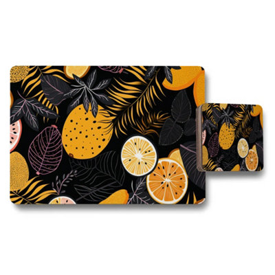 B&Q -  Citrus Placemats And Coaster Set With Black Tropical Leaves