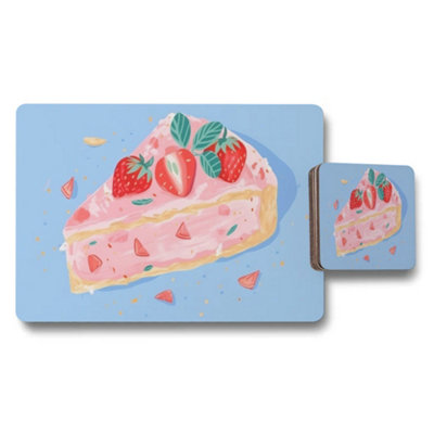 Benjamin Tate Design Strawberry Cake Placemat And Coaster Set With Blue Background from B&Q
