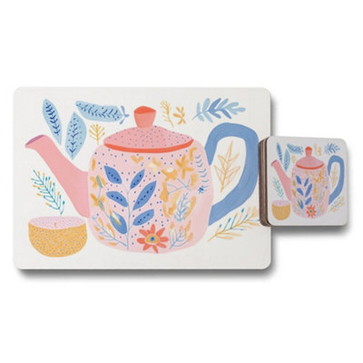 Benjamin Tate Design Floral Teapot Placemat And Coaster Set With Colorful Botanical Design from B&Q