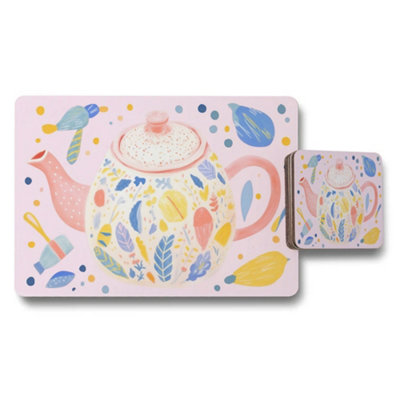 B&Q -  Pastel Teapot Pattern Placemat And Coaster Set For Dining Table