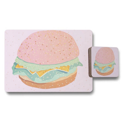 Benjamin Tate Design Pastel Burger Themed Placemat And Coaster Set With Pink Background from B&Q
